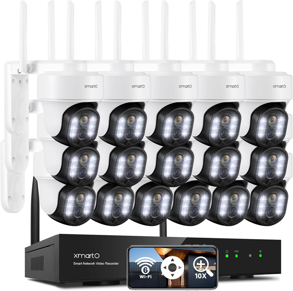 XMARTO 10X Zoom Mesh WiFi6 PTZ AI Tracking Security Camera System,16-Cam 2K Dual Lens Bundle,16CH 4K Expandable WNP816-W6 NVR (No HDD),Long Range WiFi,Plug-in 24/7 Wireless Indoor/Outdoor Surveillance