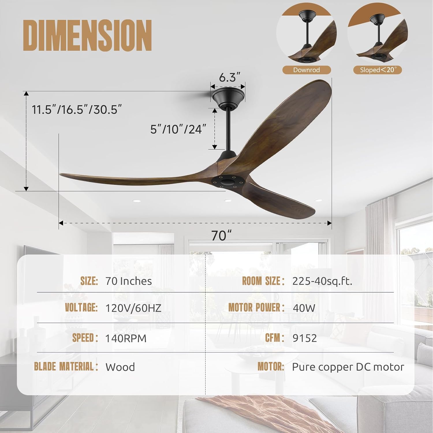 70 Inch Large Ceiling Fan no Light, Outdoor Ceiling Fans for Patios, High CFM Quiet Wood Walnut Ceiling Fan, Large Modern Interior Exterior Ceiling Fan for Farmhouse Porch Living Room
