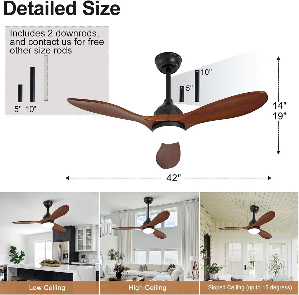 OKDNEG 42 Inch Ceiling Fans with Lights and Remote, 3 Wood Fan Blades Ceiling Fan,3CCT Dimmable,Timer,Quiet DC Motor,6 Speed,Indoor Outdoor Ceiling Fan for Offices Farmhouse Gazebo Patio