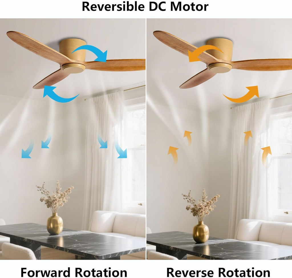 Flush Mount Ceiling Fans with Remote, Solid Wood 42in Low Profile Ceiling Fan Without Lights Modern 6 Speeds Ceiling Fan No Light for Bedroom Living Room Dining Room