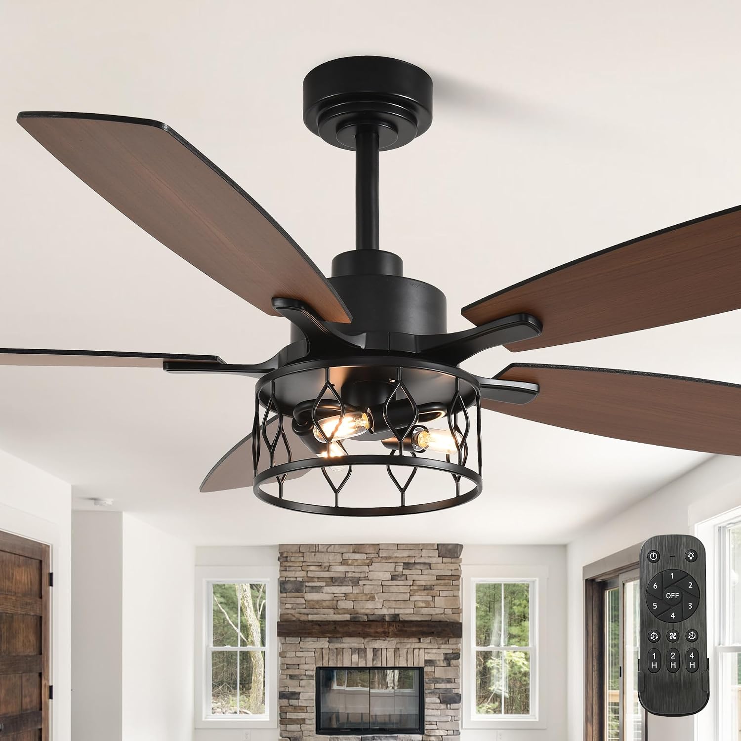 Rustic Ceiling Fan with Lights and Remote, Large Farmhouse Ceiling Fan Caged Fandelier Chandelier, Reversible Quiet DC Motor 6 Speeds for Living Room (Black Cage, 52 Inch)