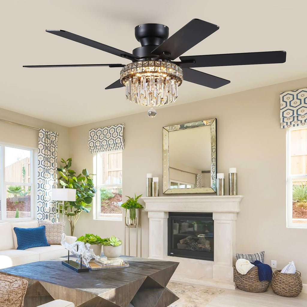 Asyko Chandelier Ceiling Fan -52' Crystal Ceiling Fan- Fandelier Fan Light Black with Remote, Reversible Motor, Dual-Sided 6 Blades, 3 Speed, Timer, Indoor Outdoor Fans, Living Room, Dining Room