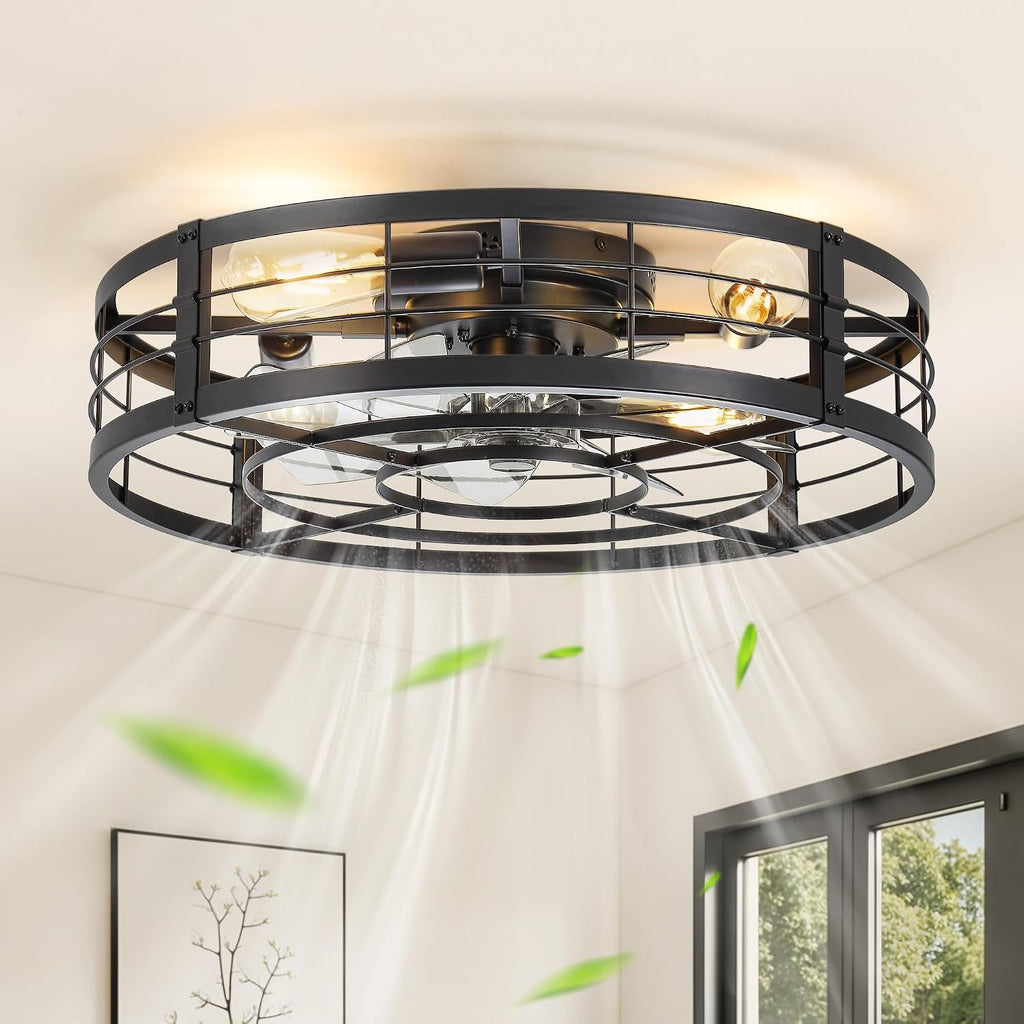 LEDIARY 23' Caged Ceiling Fan with Light and Remote, Low Profile Flush Mount Fandelier, Black Bladeless Enclosed Small Fan Lights Ceiling Fixtures, Rustic Farmhouse Style for Bedroom, Outdoor