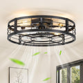 LEDIARY 23' Caged Ceiling Fan with Light and Remote, Low Profile Flush Mount Fandelier, Black Bladeless Enclosed Small Fan Lights Ceiling Fixtures, Rustic Farmhouse Style for Bedroom, Outdoor