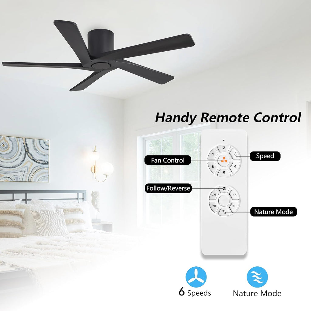 WINGBO 48 Inch Flush Mount DC Ceiling Fans without Lights, 5 Carved Solid Wood Blades, 6-Speed Reversible DC Motor, Low Profile Hugger Ceiling Fan No Lights for Indoor and Outdoor, Matte Black