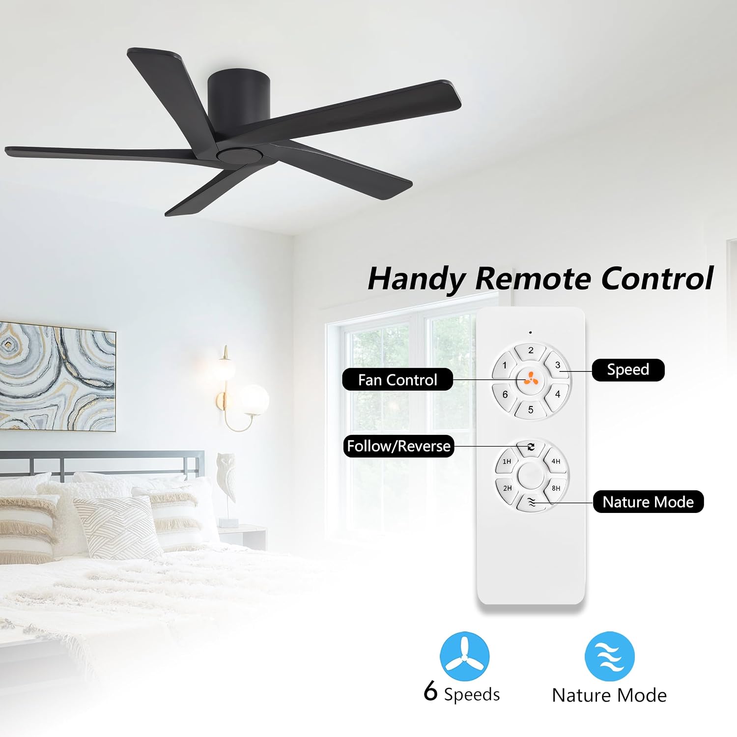 WINGBO 48 Inch Flush Mount DC Ceiling Fans without Lights, 5 Carved Solid Wood Blades, 6-Speed Reversible DC Motor, Low Profile Hugger Ceiling Fan No Lights for Indoor and Outdoor, Matte Black