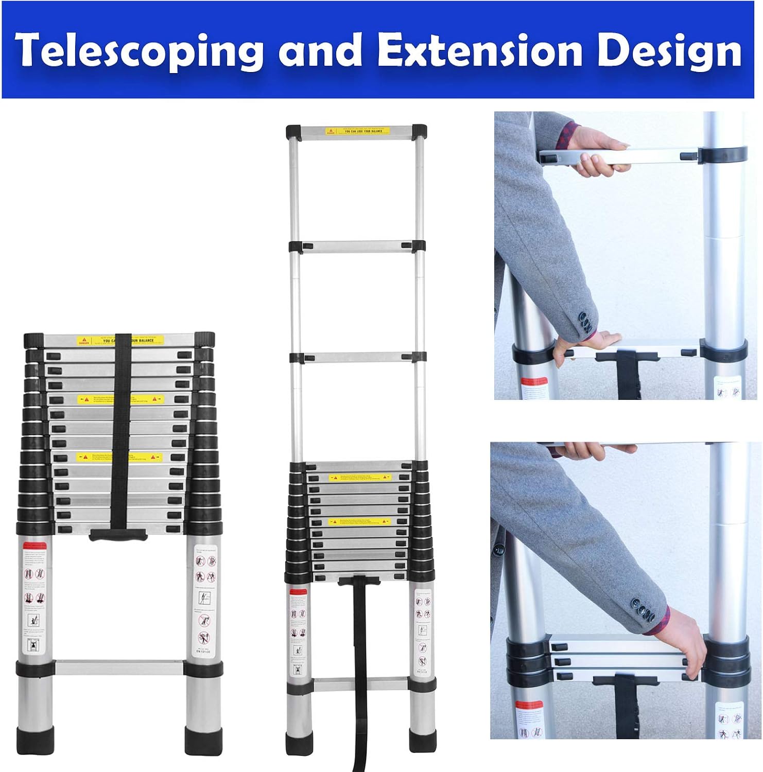 Telescoping Ladder Aluminum 20.3FT 6.2m Extension Ladder with Detachable Hooks, EN131 Standard 330lbs Load Capacity, Adjustable Height Portable Home Step Ladder Weights 36lbs