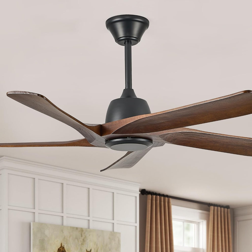52 Inch Solid Wood Ceiling Fan No Lights, Remote and APP Control, DC Motor, 6-speed Reversible, for Bedroom, Living Room, Office, Dark Walnut
