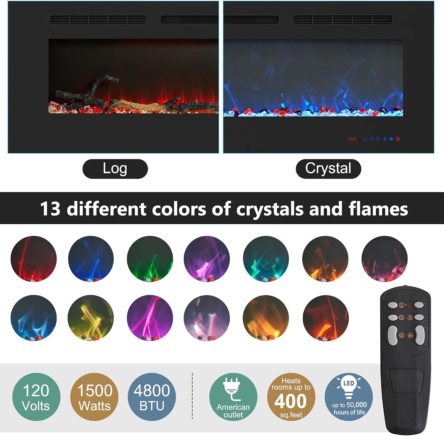 VECELO Fireplace TV Stand for Televisions up to 75' with 3D Flame/13 Colors, Modern Media Entertainment Center Console Table with LED Lights, 3 Tier Transparent Storage Shelves, for Living Room, Black