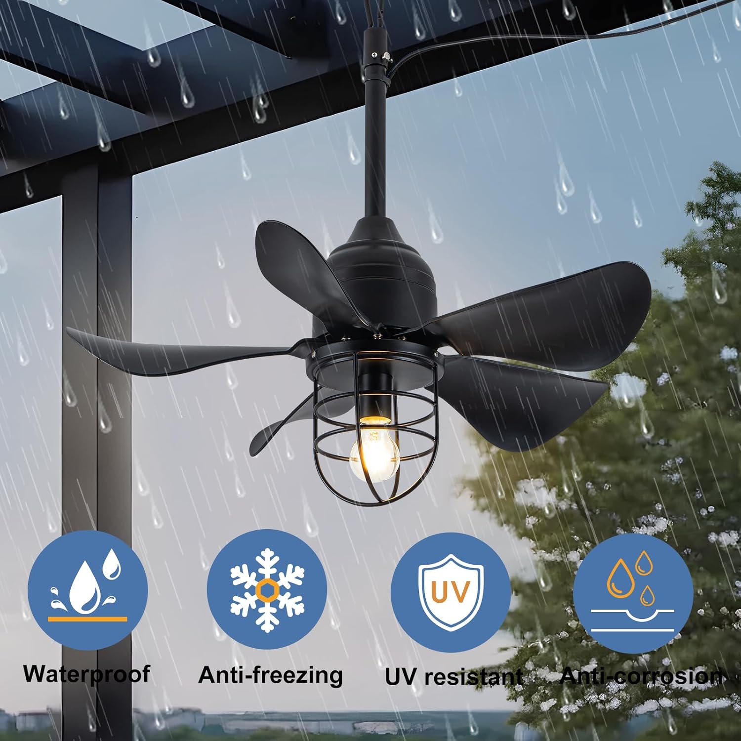 TIFEROR Outdoor Ceiling Fan with Light and Remote, IP65 Waterproof Ceiling Fan for patios, Plug In with Hanging and Hook, Lighting for Pergola, Canopy, Porch, Gazebo (BLACK)