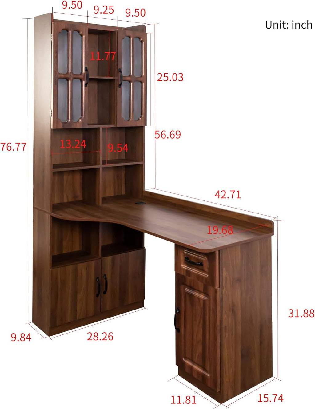 Jmyab L-Shaped Corner Computer Desk for Home Office, Study Modern Style Table with Drawer, Bookshelf Hutch Study Table, 2-in-1 L-Shaped Design, Large Working Space, Walnut