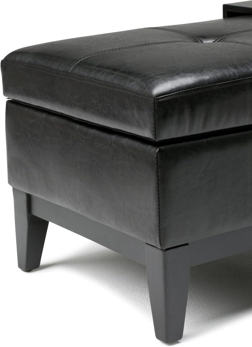 SIMPLIHOME Oregon Storage Ottoman Bench with Tray - 42 inch Wide Upholstered Vegan Leather Rectangle Ottoman Bench in Midnight Black, Transitional Tufted Ottoman for Living Room with Lift-Up Lid