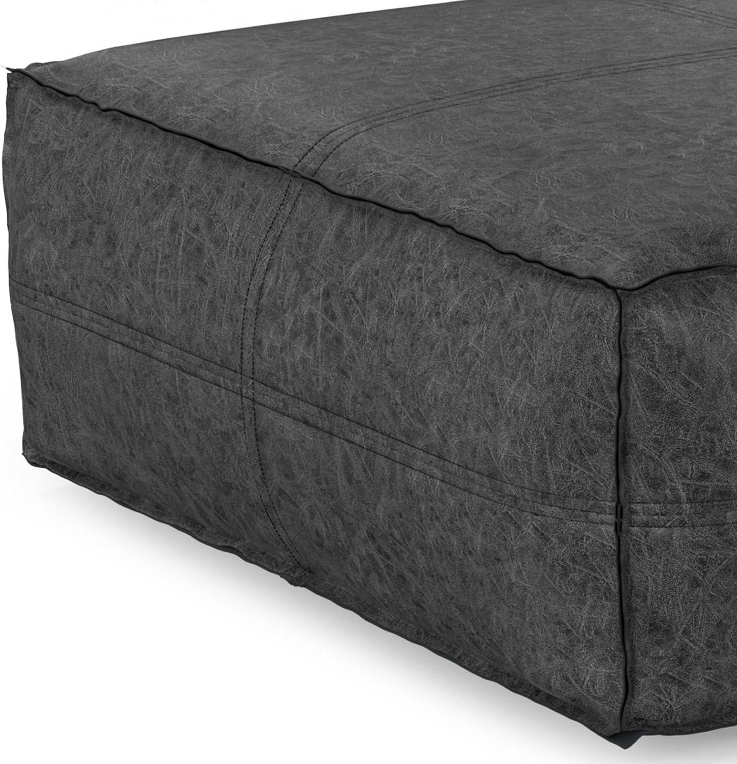 SIMPLIHOME Brody Extra Large Coffee Table Pouf - 36 inch Wide Upholstered Vegan Leather Square Ottoman in Distressed Black, Boho Footstool, Coffee Table or Extra Seating for Living Room, Assembled