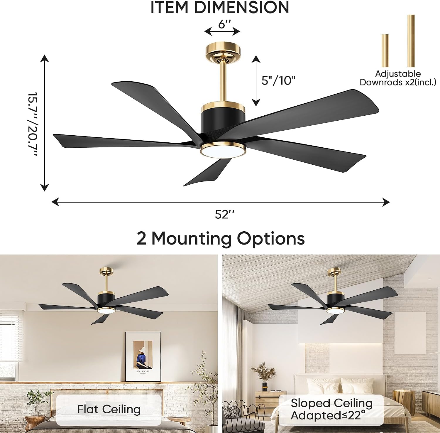 TXCSLY 52'' Ceiling Fans with Lights, Modern Ceiling Fan with Remote Control, Indoor Outdoor Ceiling Fan for Living Room, Bedroom, 5 Blade, 3 Color Temperature, Dimmable (Black & Gold)