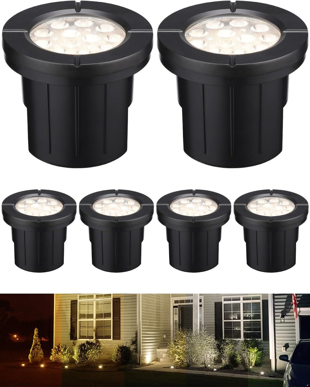 LEONLITE Dia. 4 Inch 5CCT Well Lights Landscape LED In Ground, Flat Top, 5 Color Temperature Selectable, 12-24V AC/DC CRI90 Low Voltage Outdoor Garden Landscaping, Black Aluminum Housing, Pack of 6