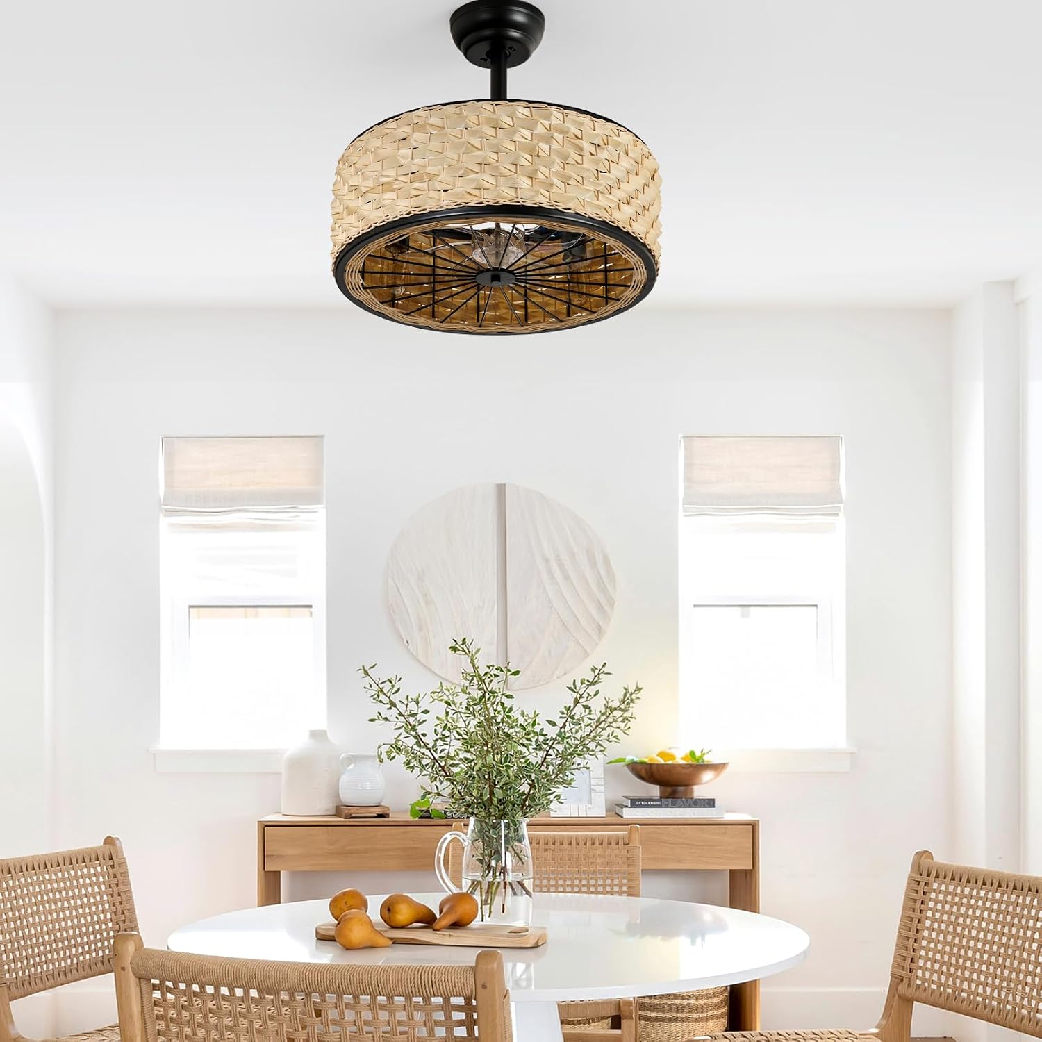 19.7in Boho Ceiling Fan with Lights Bamboo Caged Fan Lighting Rattan Fandelier Wicker Ceiling Light with Fans for Bedroom Kitchen Island Nursery Dining Living Room, Remote 6 Speeds E26 Base