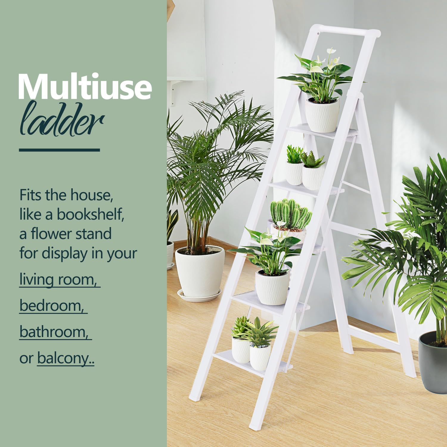 WOA WOA 5 Step Ladder, Ladders for Home, Anti-Slip Pedals, Step Stool Foldable, Lightweight to Move, Ease of Storage, Reach 10ft for Closet Kitchen Library, Hold 300lbs - White