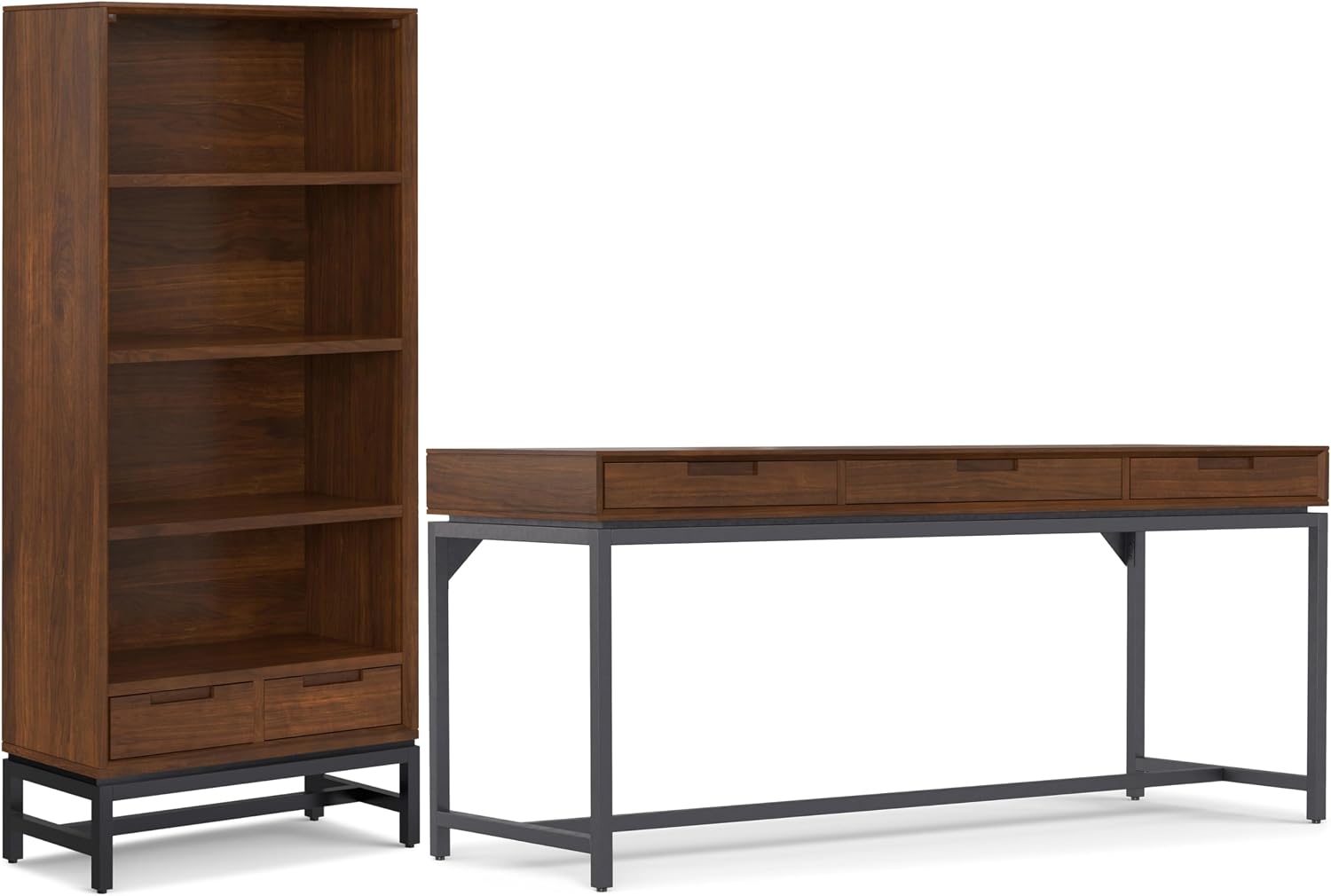 SIMPLIHOME Banting Desk and Bookcase Bundle - 72 inch Wide Solid Wood Desk with Drawers and 30 inch Wide 4-Shelf Bookcase in Walnut, Modern Industrial Home Office Furniture (Set of 2)