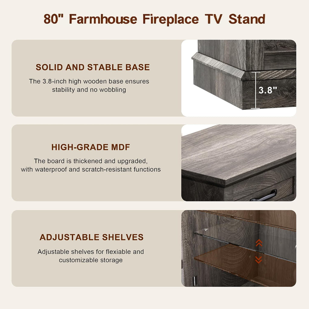 MXV 80' Fireplace TV Stand, 3-Sided Glass Fireplace and Modern Entertainment Center, Wooden Media Console with Glass Doors & Storage Drawers, LED Light, for Living Room, Grey