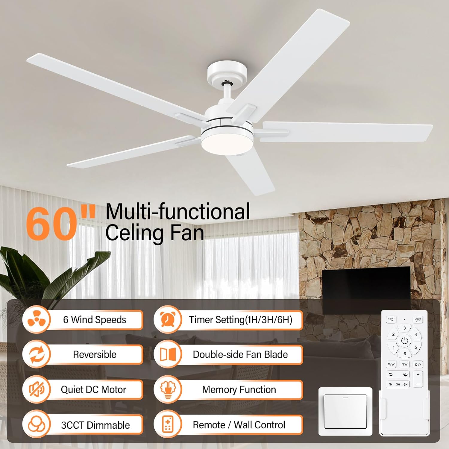 60 Inch White Ceiling Fans with Lights and Remote, Reversible, 3CCT, Dimmable, Noiseless, Large Ceiling Fan for Bedroom, Living Room and Patio, Indoor/Outdoor Use