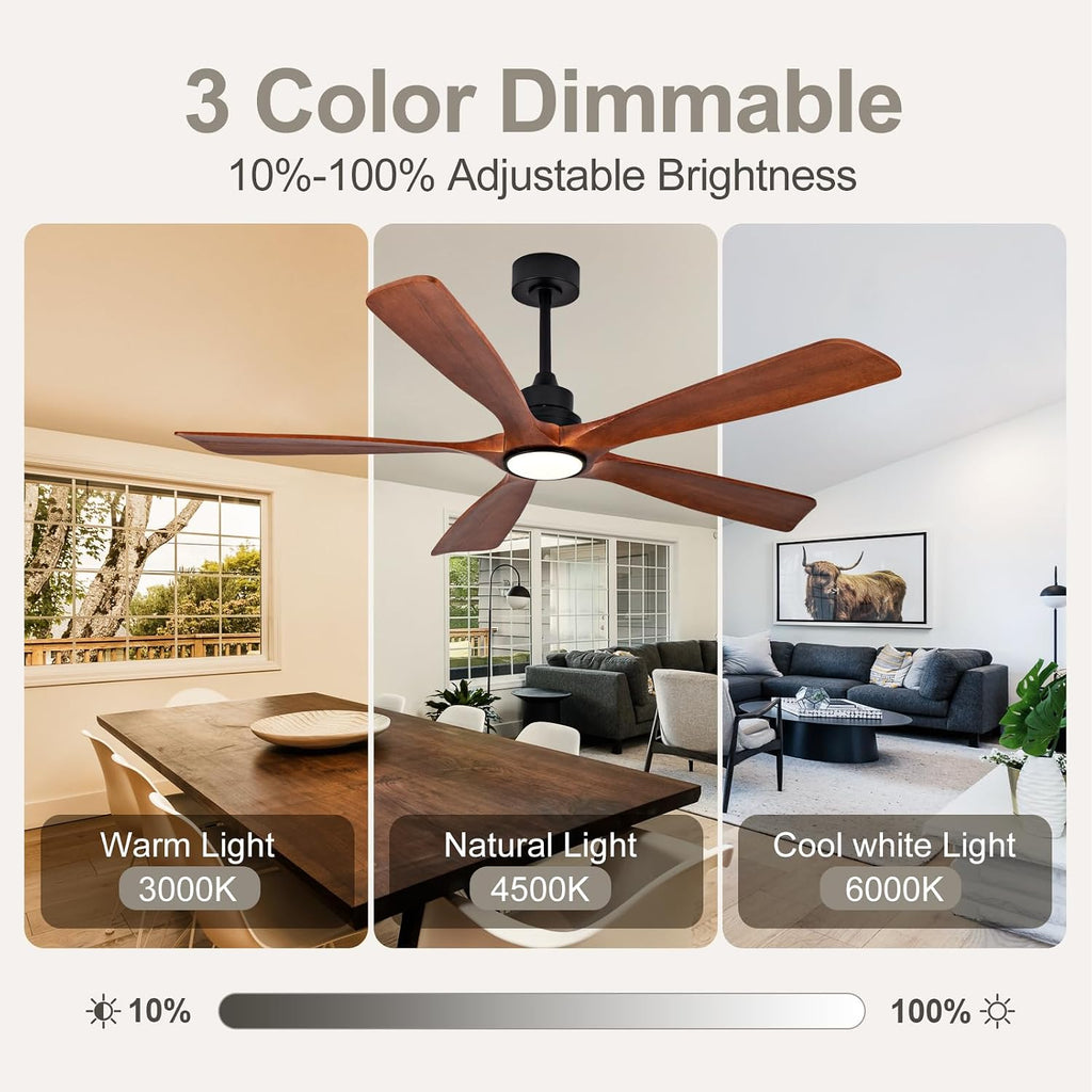 ZVL 60 Inch Ceiling Fans with Lights and Remote,5 Blade Ceiling Fan with Light,Modern Ceiling Fan,3CCT Dimmable,Timer,Quiet DC Motor,6 Speed,Wood Ceiling Fan for Offices Farmhouse Gazebo Patio