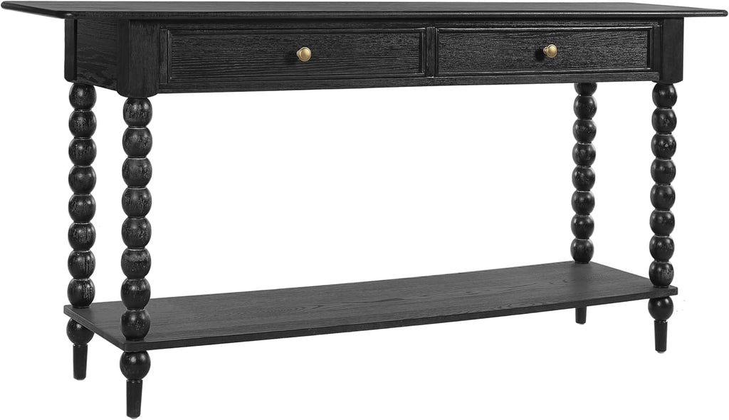 Christopher Knight Home Zeka Narrow Console Table with Storage, Wood Entryway Table with 2 Drawers and 1 Bottom Shelf, Retro Display Table with Unique Spherical Legs for Hallway, Living Room, Black