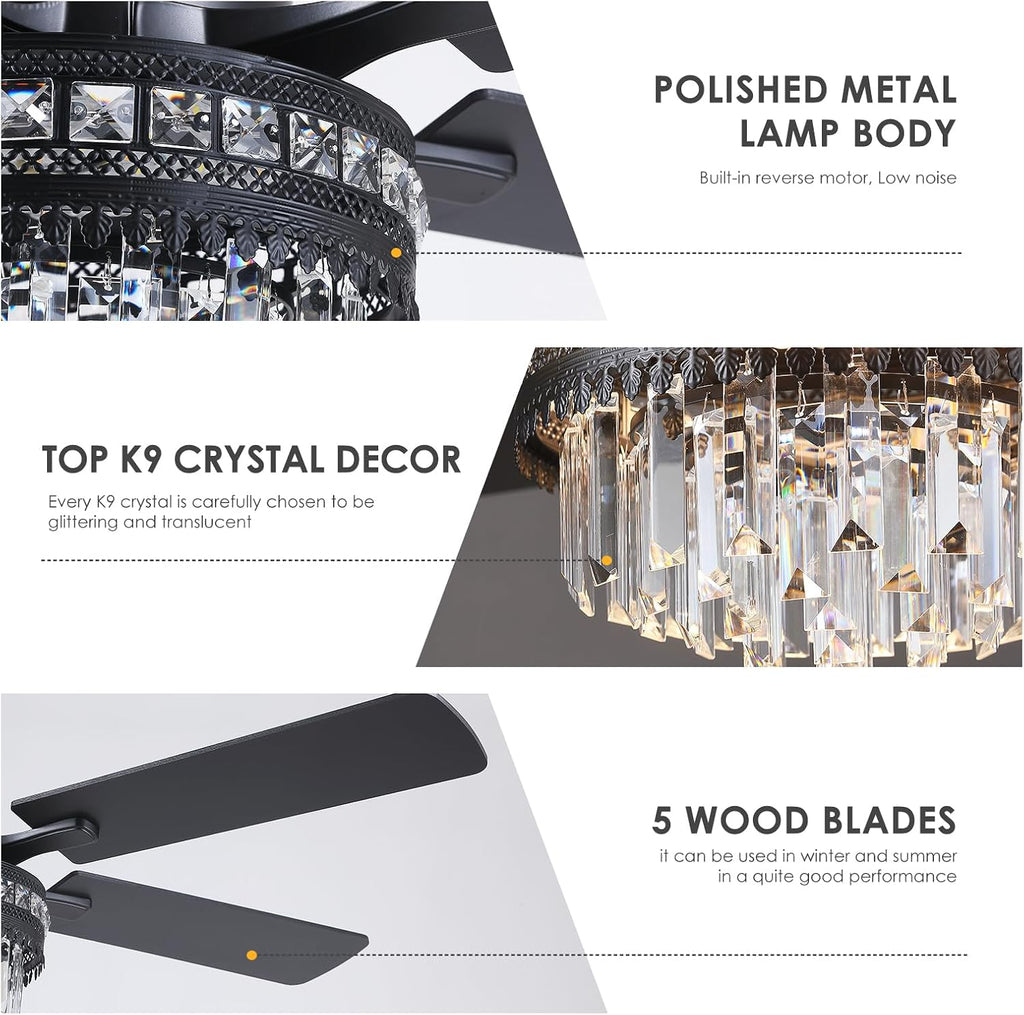 Asyko Crystal Ceiling Fan Fandelier with Lights - 46' Crystal Ceiling Fans with Noiseless DC Motor, Retro/Farmhouse Lighting, Dining Room,Living Room