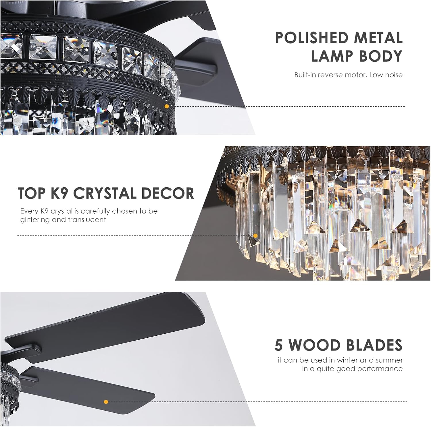 Asyko Crystal Ceiling Fan Fandelier with Lights - 46' Crystal Ceiling Fans with Noiseless DC Motor, Retro/Farmhouse Lighting, Dining Room,Living Room