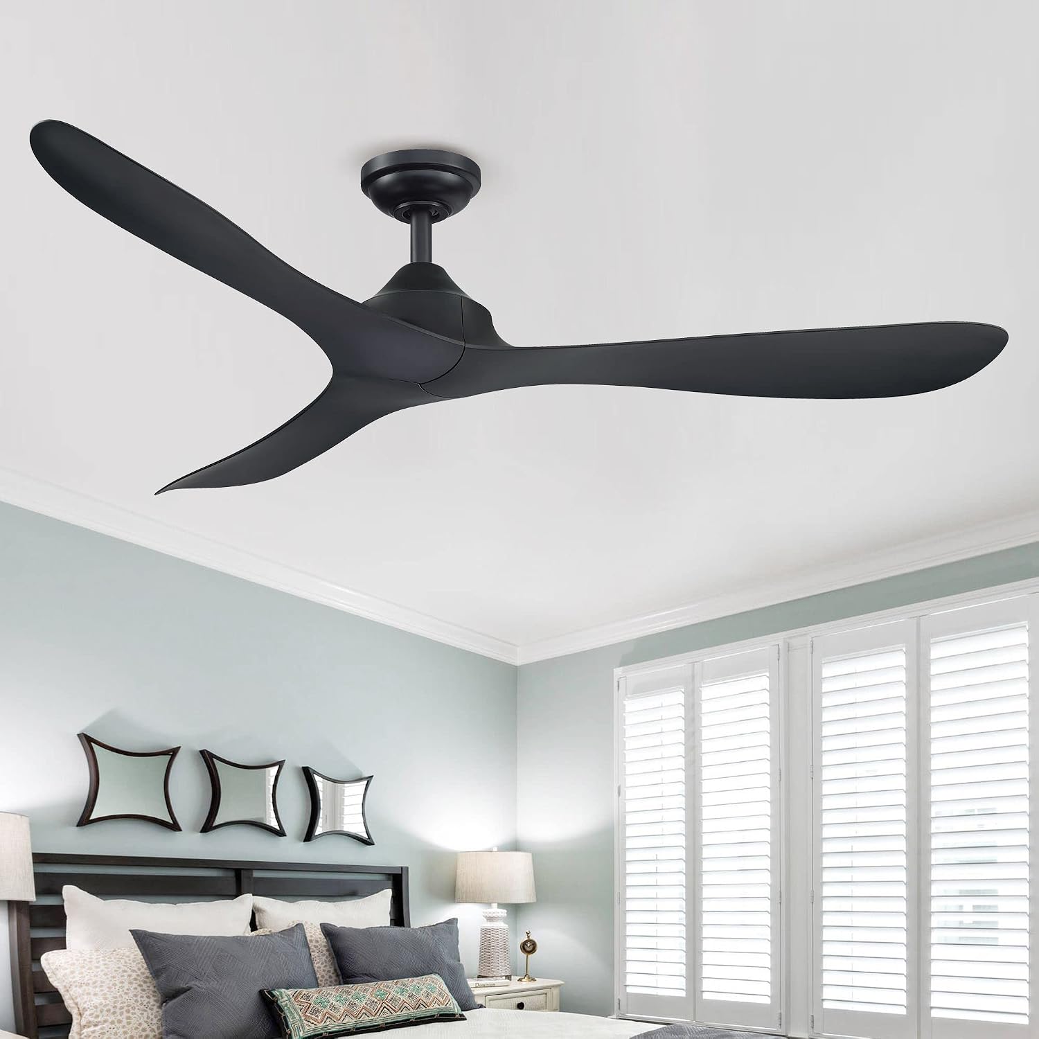 56' Black Ceiling Fan No Light - Modern Ceiling Fan without Light and Remote, 6 Speeds, Reversible 3 Blades, Outdoor Ceiling Fans for Patios Bedroom Living Room Garage