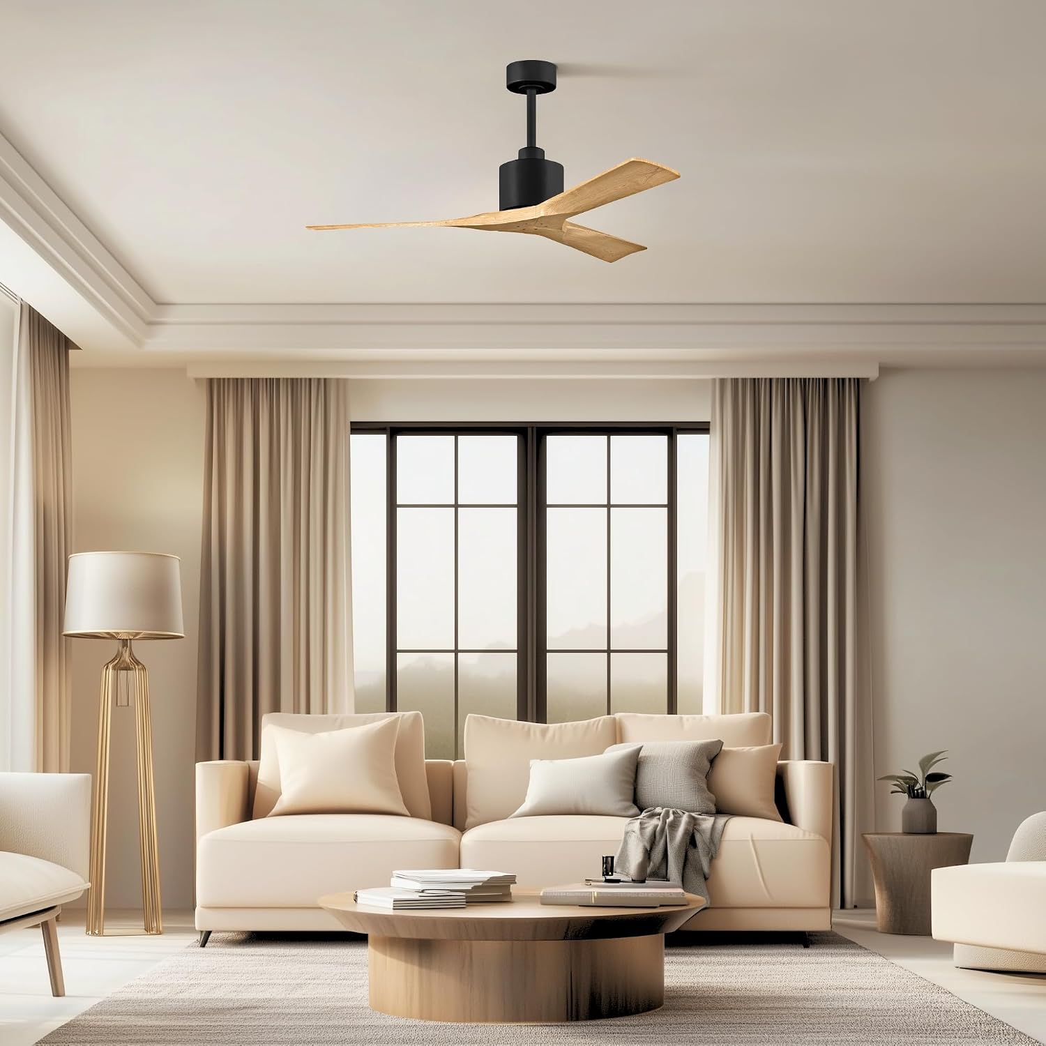 Matthews NK-BK-LM-52 Nan Damp Rated 52' Ceiling Fan with Remote and Wall Control, 3 Solid Wood Blades, Silent DC Motor, Matte Black with Light Maple Tone