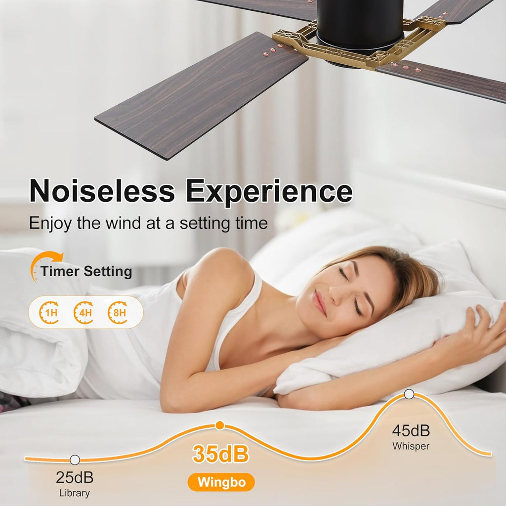 WINGBO 48 Inch Flush Mount Ceiling Fan without Light - 4 Plywood Blades, 6-Speed Reversible DC Motor, Noiseless Low Profile Ceiling Fan No Light for Bedroom Living Room, Gold and Black/Walnut