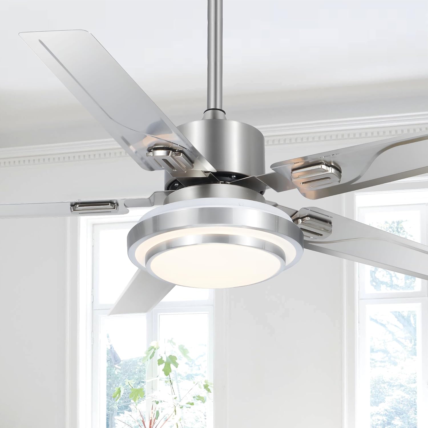 Modern Ceiling Fans with Lights Remote, 48'' Outdoor Ceiling Fan with Dimmable 3 Light Colors 3 Speed Reversible DC Motor, 5 Stainless Steel Blades Fandelier for Patio Porch Living Room