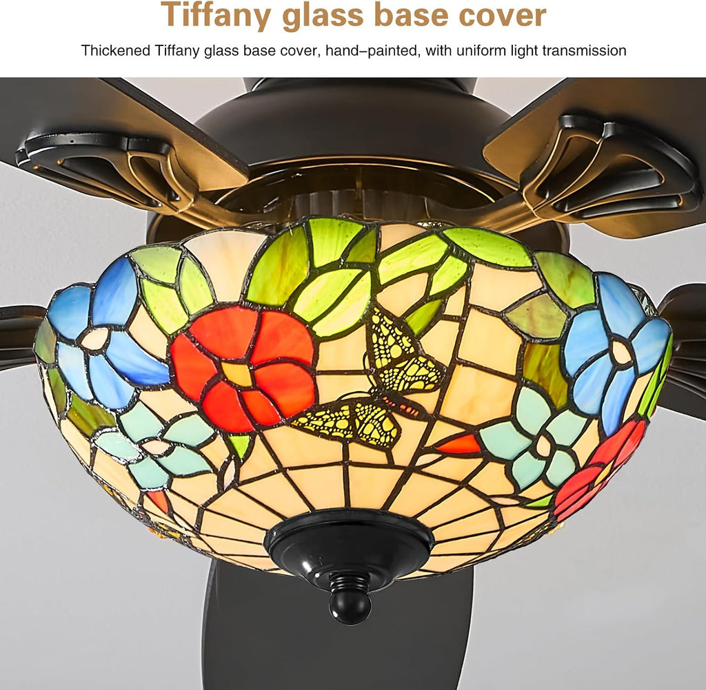 Tiffany Ceiling Fans with Lights - 48' Ceiling Fan Chandelier with 5 Dual-Blades and Glass Shade, 6 Speeds and Reversible, Indoor and Outdoor, Retro Style