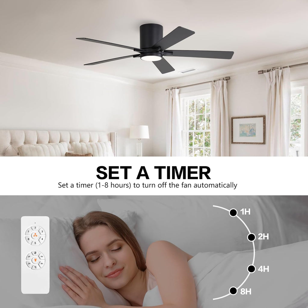 WINGBO 48' DC Flush Mount Ceiling Fan with Lights, 6-Speed Reversible DC Motor, 3CCT, Low Profile Hugger Ceiling Fan for Living Room Bedroom Kitchen, Black Finish and Black/Walnut Blades