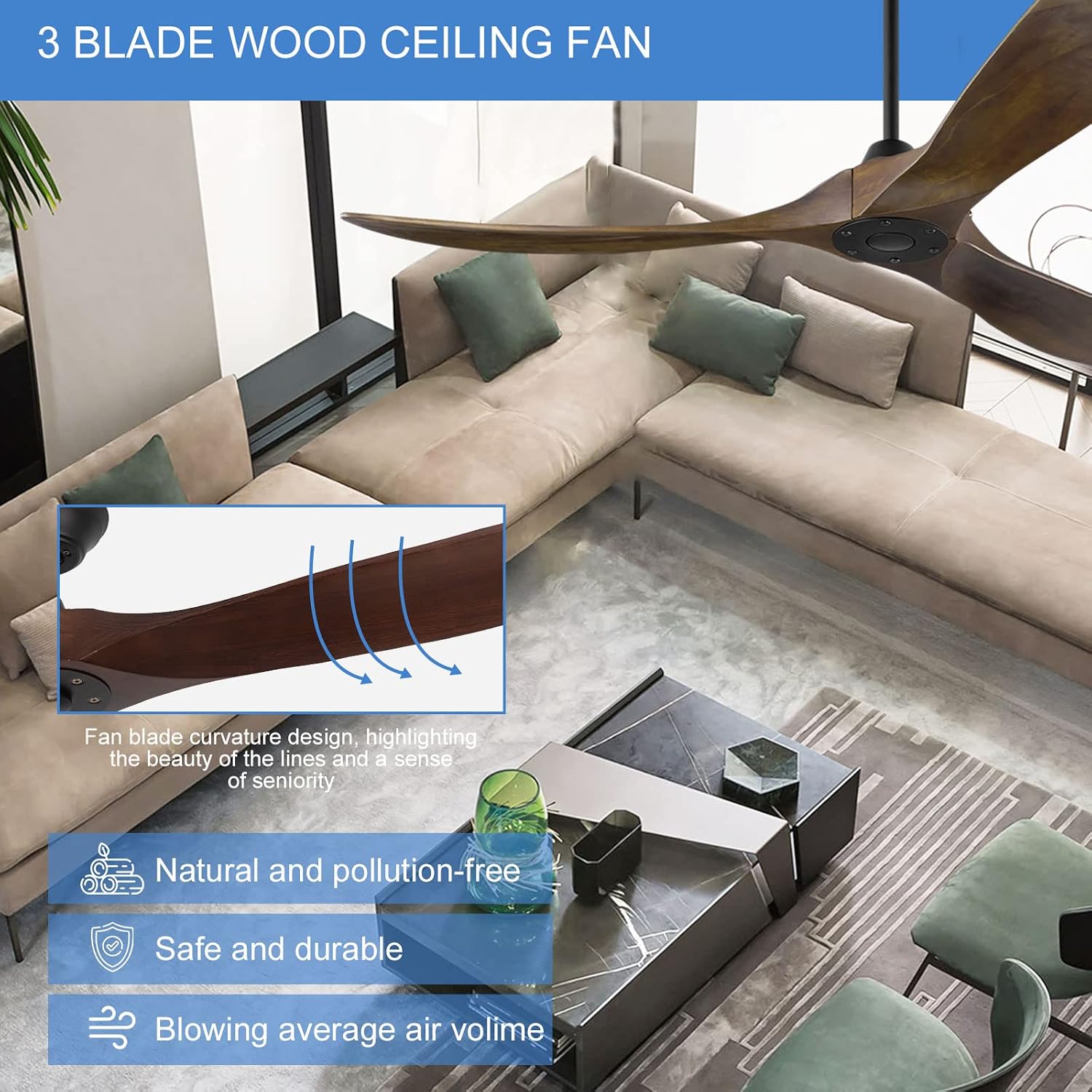 60 Inch Outdoor Ceiling Fan Without Light, 3 Blade Farmhouse Ceiling Fans with Quiet Reversible DC Motor, Wood Propeller Ceiling Fan for Living Room Bedroom Porch Exterior Patio Porch