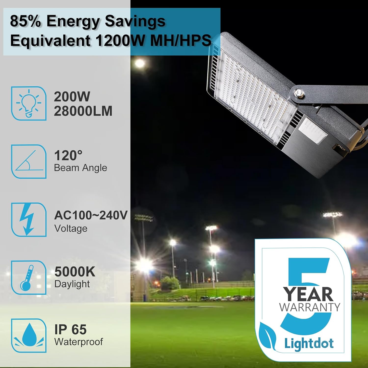200W LED Flood Light Outdoor 30000Lm (800W Equivalent) Led Stadium Light with Dusk to Dawn, 5000K AC100-277V Commercial Flood Light with 5FT Plug, IP65 Waterproof Area Lighting for Stadium-2Pack