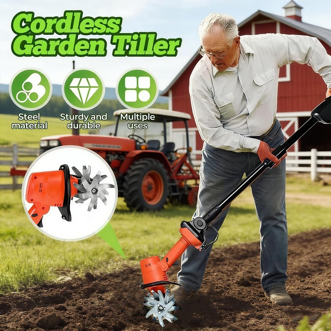 21V Cordless Mini Tiller Cultivator, 400RPM Cultivators for Gardening & Composting with 48 Steel Tines&Dual Batteries,9'Tilling Width and 6.7'Depth Garden Weeders and Cultivators (Tiller-2 batteries)