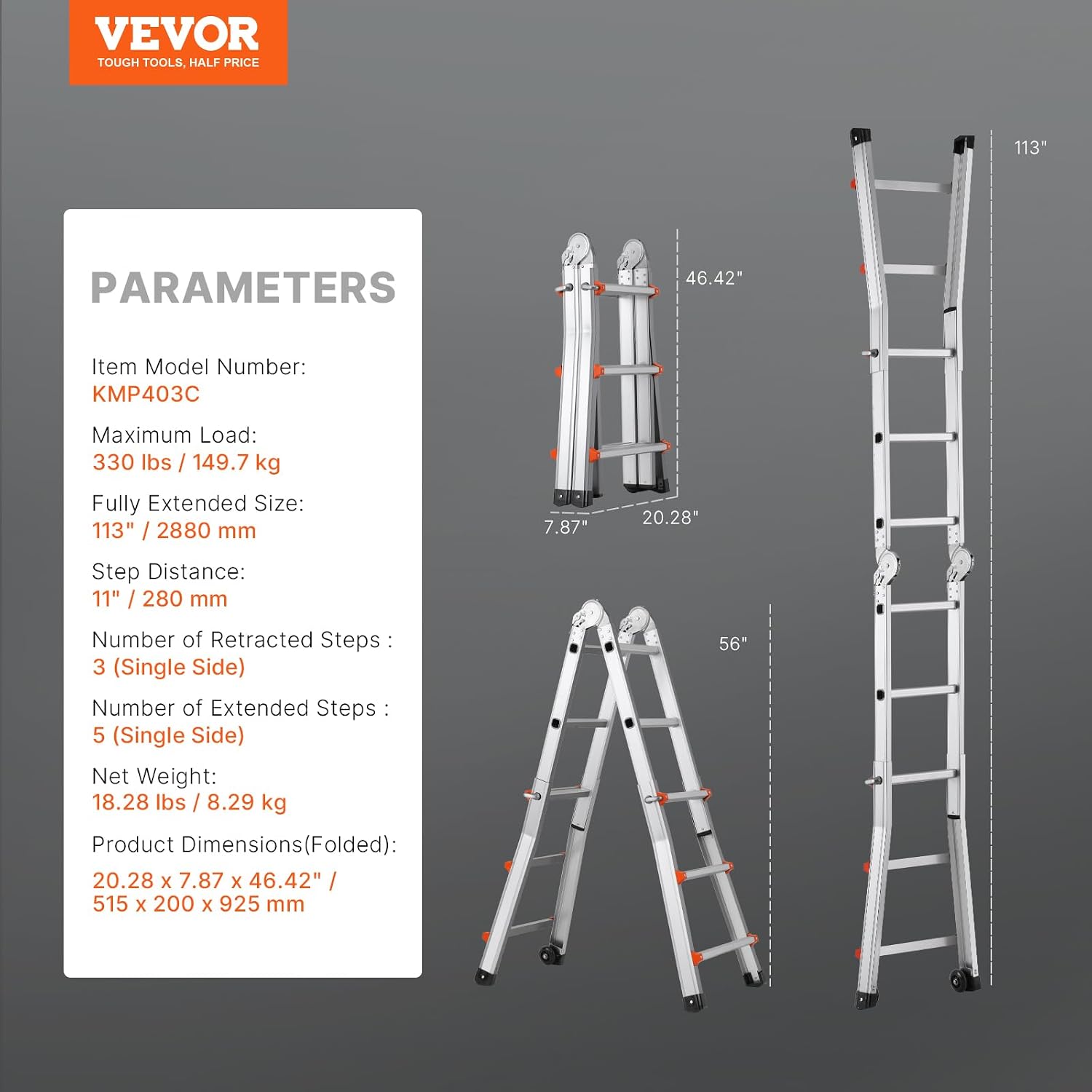 VEVOR 9.5 FT Telescoping Ladder - Compact & Portable Aluminum Extension Ladder, 330lb Load Capacity for Home, Roof, Stairs, Indoor & Outdoor Use