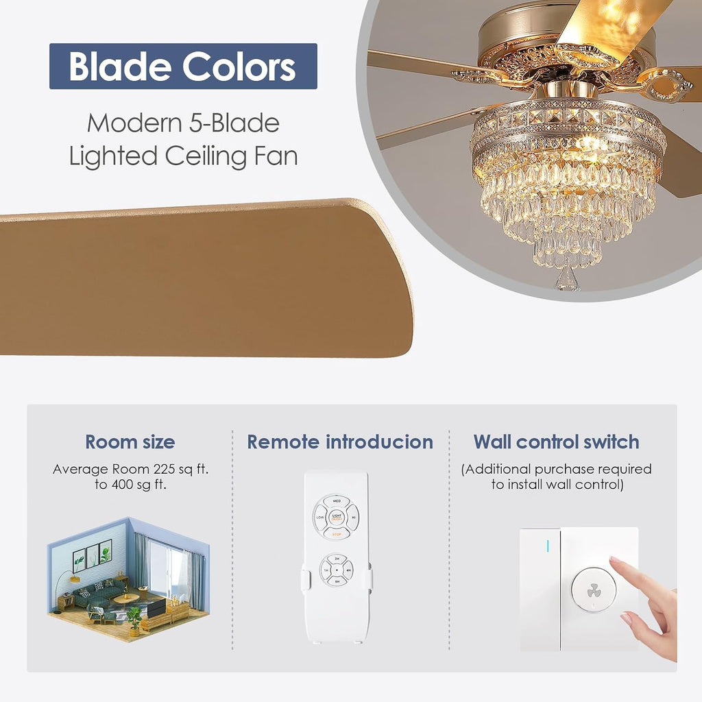 Asyko 52' Golden Crystal Ceiling Fan Fandelier with Lights - Modern Chandelier Fans with Remote Control，Noiseless DC Motor, Retro/Farmhouse Lighting, Dining Room,Living Room