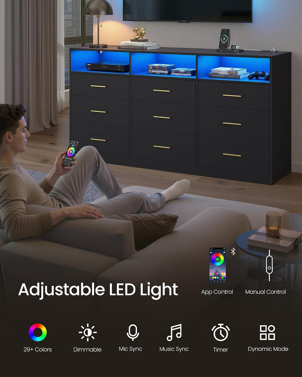 VASAGLE Custos Collection - Dresser for Bedroom, with LED Lights and Power Strip, Chest of Drawers, Modern, TV Stand for Living Room, 9 Drawers, 15.8 x 63 x 32 Inches, Ink Black ULTS319BC01S