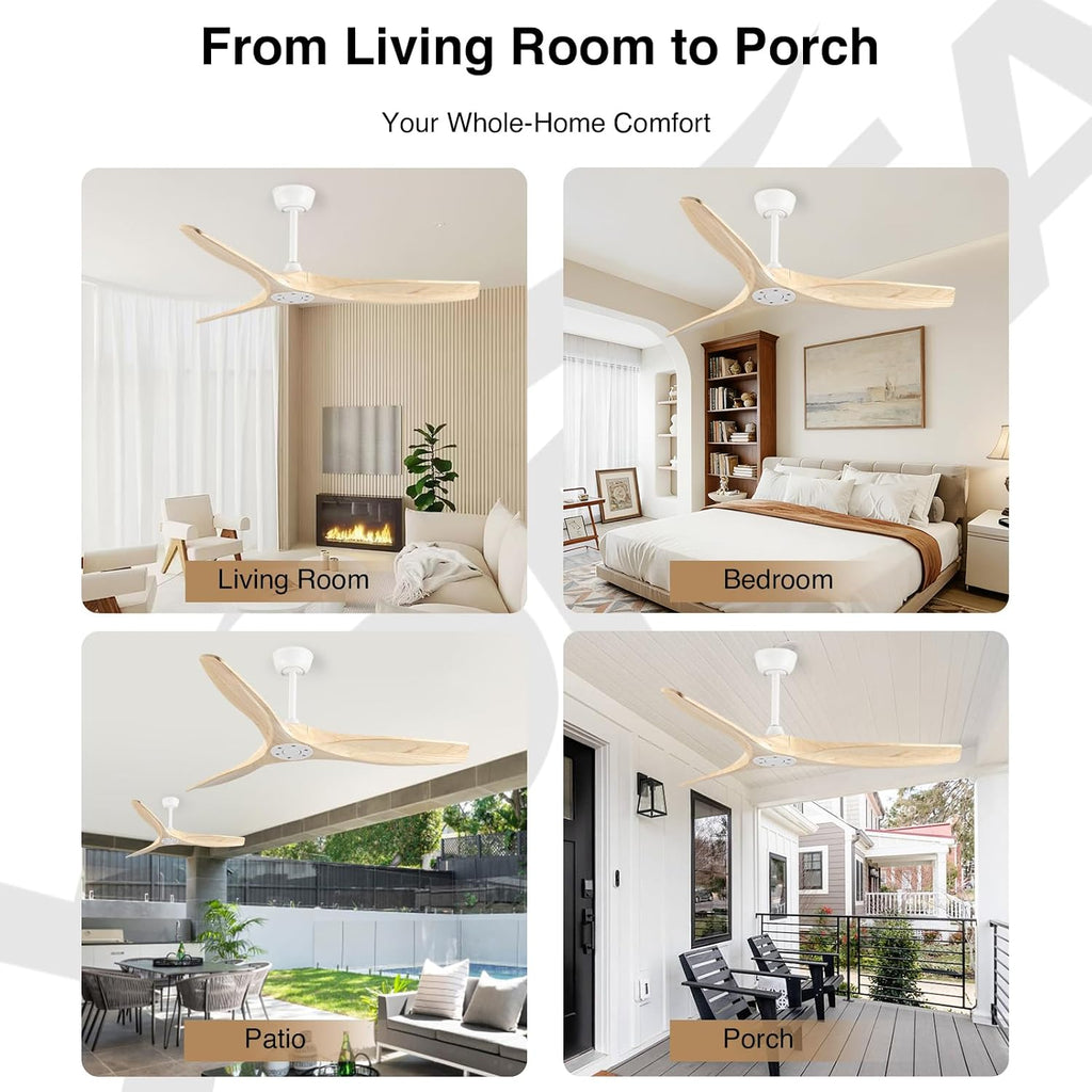 52 Inch Ceiling Fan No Light Outdoor Wood Ceiling Fans with Remote Control,Flush Mount,3 Blades Reversible Quiet DC Motor Modern Ceiling Fan Without Light for Patios Farmhouse Bedroom Indoor