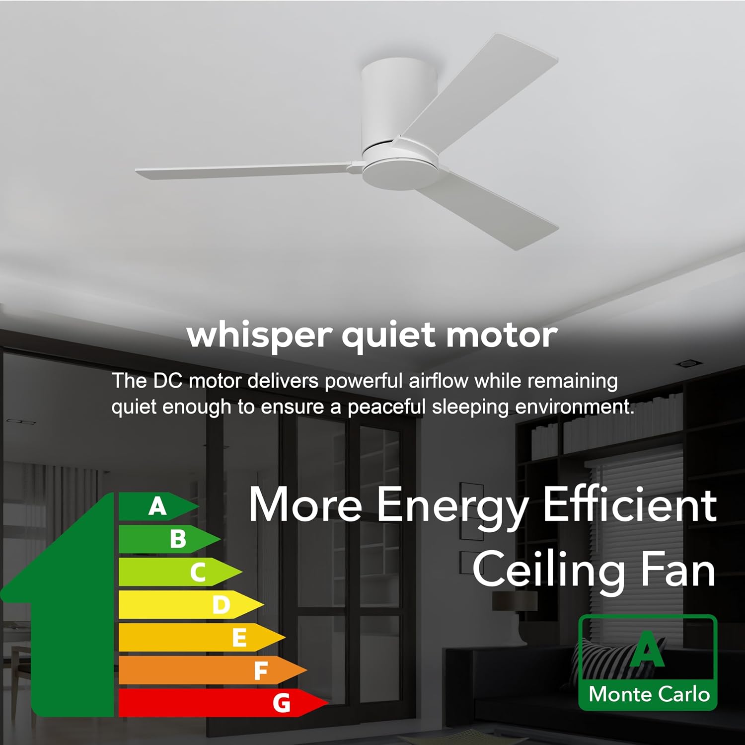 Monte Carlo 3RZHR52RZW Rozzen Hugger 52' Ceiling Fan with Remote Control, Reversible DC Motor, Damp Rated, 3 Blades (Matte White)