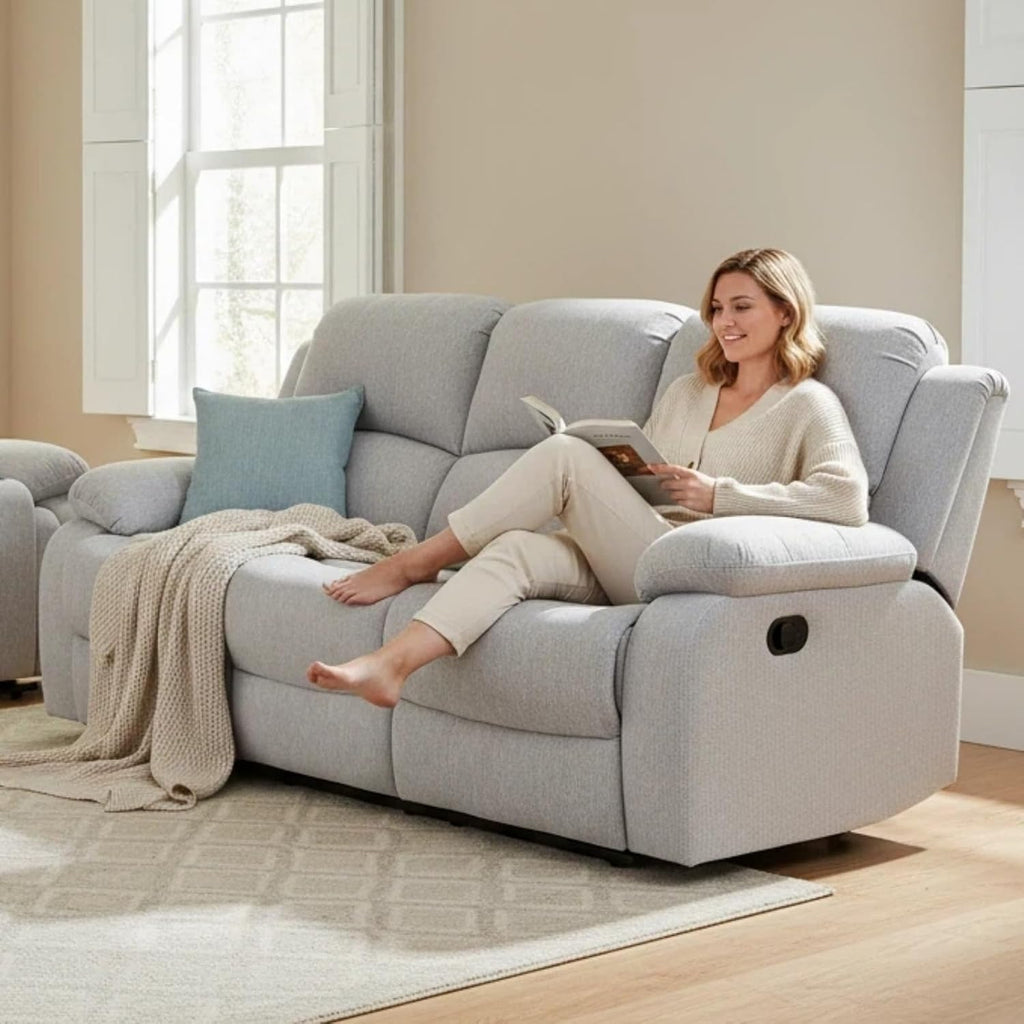Manual Recliner Sofa Set, Linen Reclining Living Room Furniture Set, Adjustable Backrest Reclining Loveseat Sofa and a 3 Seater Couch Furniture Set for Living Room, Home Theater, White Grey
