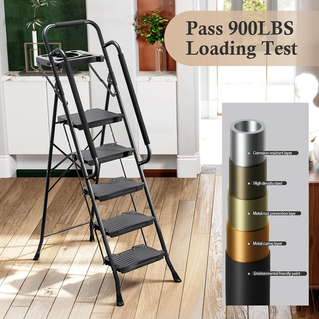 KINGRACK 5 Step Ladder with Tool Platform, 900 lbs Sturdy Step Stool with Handrail, Folding Steel Ladder with Wide Pedal, Safety Ladder for Adults Home Outdoor Painting Garage Office