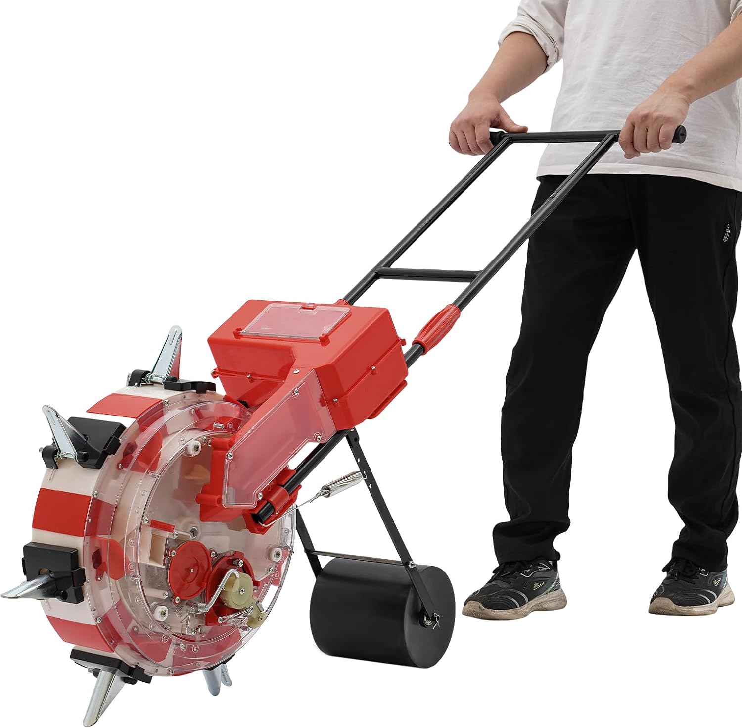 Manual Seeder, 7 Nozzles Handheld Seeding Machine Hand Push Roller Seeder Corn Soybean Fertilizer Machine, 9.06in Spacing Manual Planter Floor Standing Outdoor for Slopes Rice Planting Fields