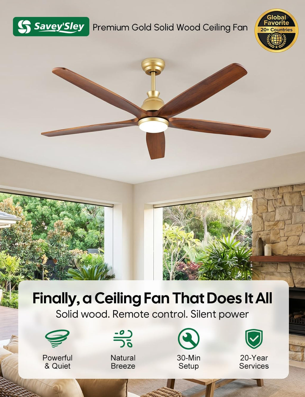 60 Inch Outdoor Ceiling Fan with Lights, Gold Brass Finish, 5 Solid Walnut Wood Blades, High CFM Quiet DC Motor, Modern Farmhouse Ceiling Fans, DampRated for Covered Patio Porch Gazebo Indoor Exterior