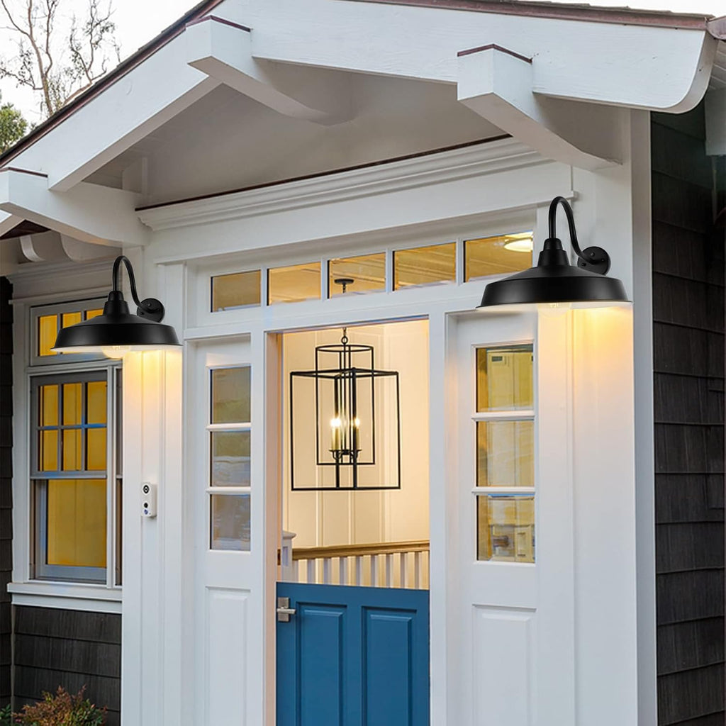 Dusk to Dawn Barn Light Outdoor, 16 Inch Dome Large Farmhouse Exterior Light Fixture Wall Mount, Industrial Outdoor Wall Sconce Outside for House, Shop, Porch, Garage, Black, 2 Pack
