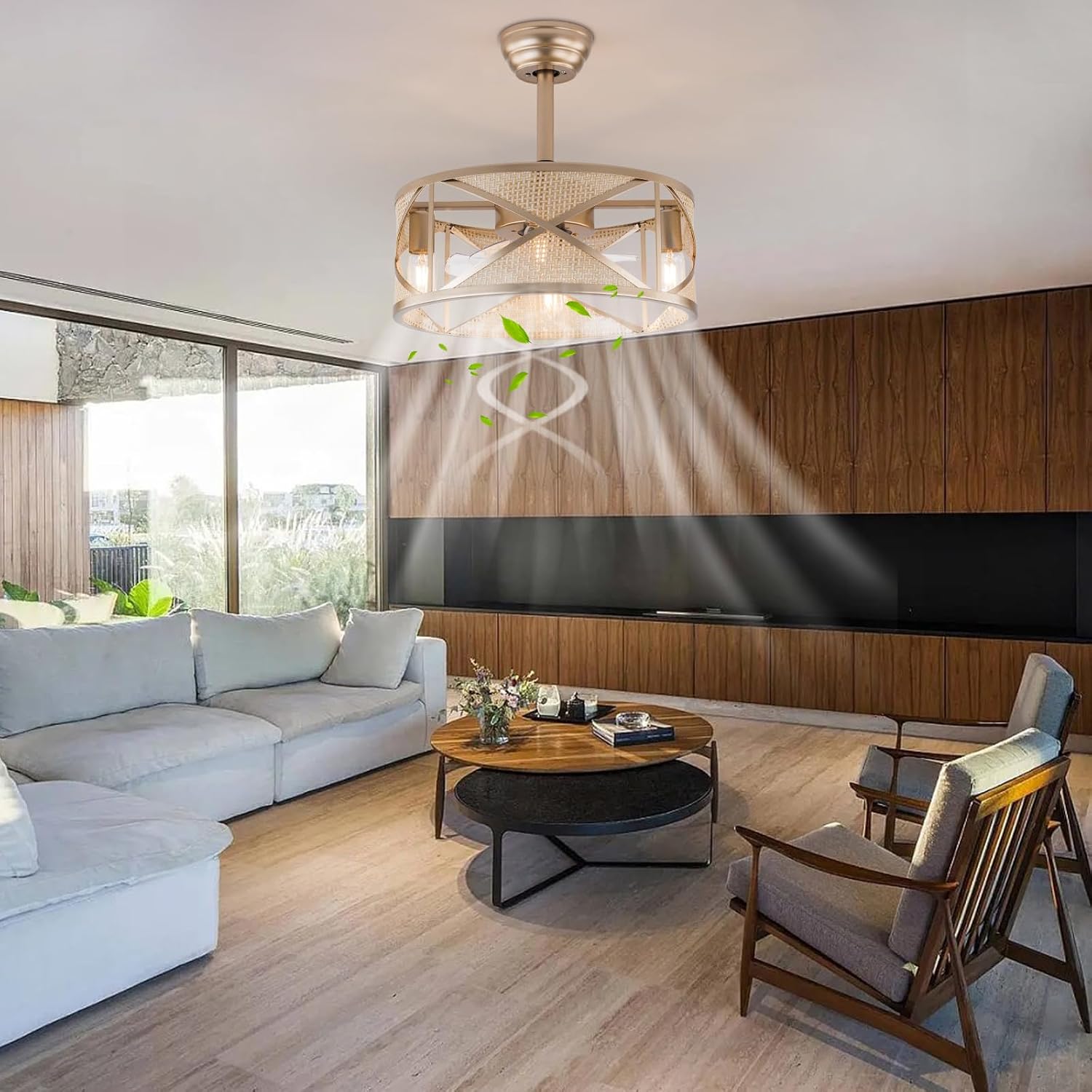 Caged Fandelier Ceiling Fan with Light, with Remote Control & 6 Speed Regulation, Farmhouse Rustic Bladeless Chandelier Retro Lighting Fixture Bedroom, Living Room, Dining Room, Kitchen, Commercial
