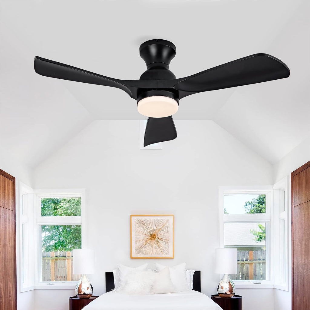 42 Inch Black Ceiling Fan with Lights Flush Mount Ceiling Fan with Remote Control, ABS Blades Outdoor Ceiling Fans for Bedroom,Farmhouse,Patio,Indoor, Quiet DC Motor