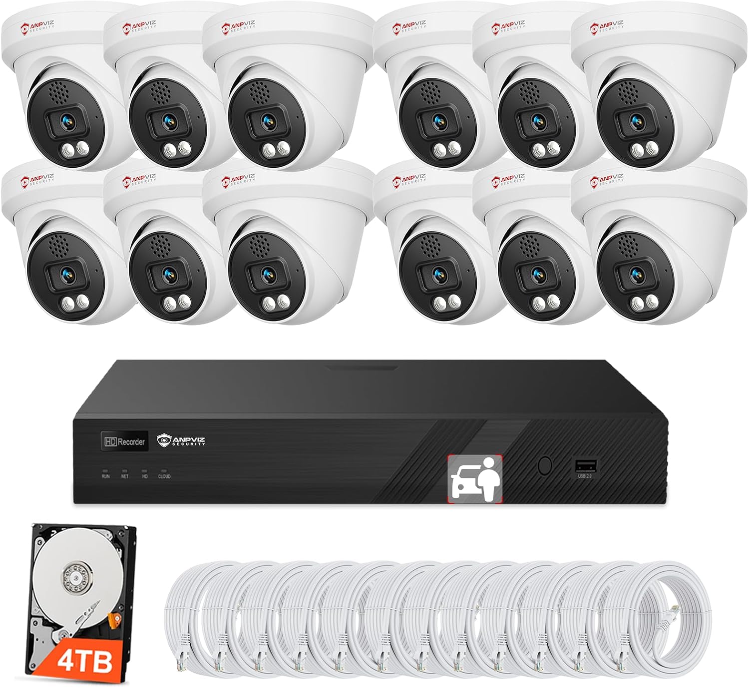 [Active Deterrent] - Anpviz 16 Channel 4K PoE Security Camera System with Two Way Audio, AI Human Vehicle Detection,12x 8MP Wired IP Turret Cameras Outdoor, 16CH 12MP PoE NVR with 4TB HDD for Business